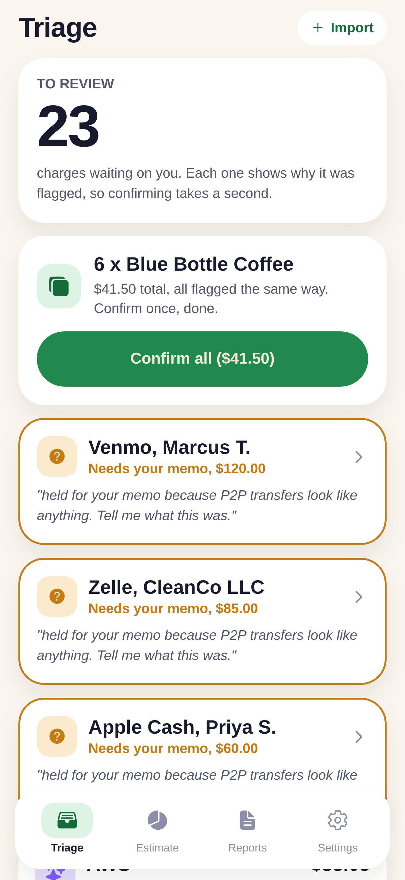 WriteOff triage feed with confirm and reject cards