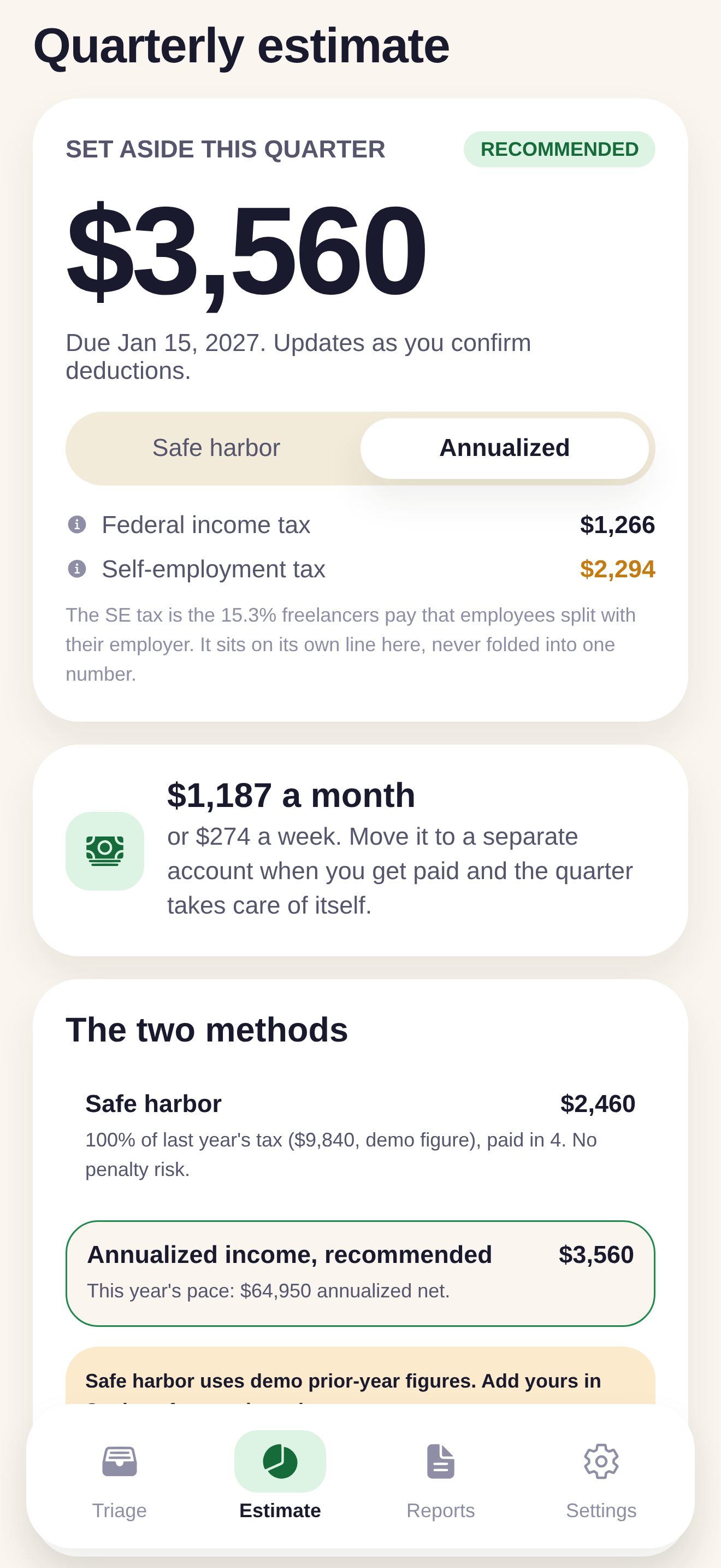 WriteOff quarterly estimate with self-employment tax on its own line